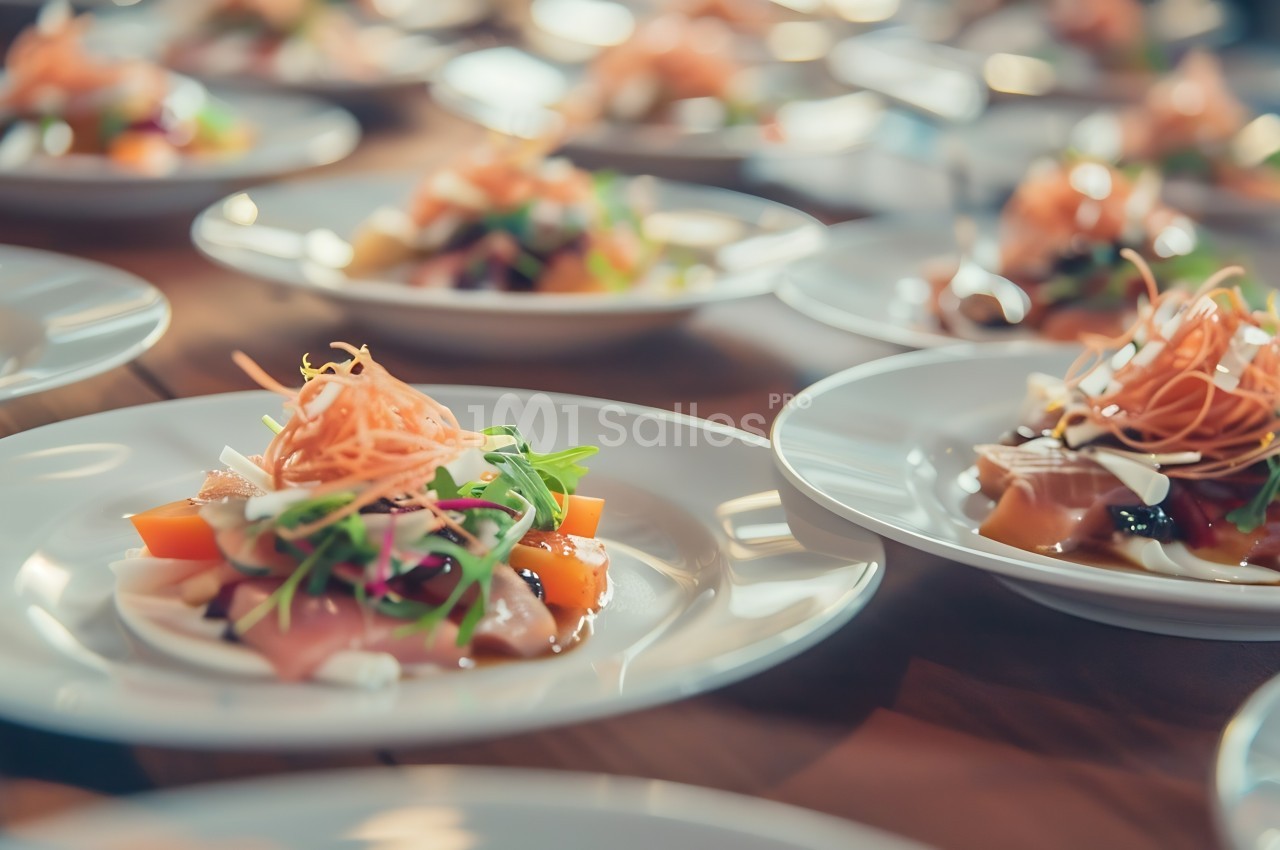 Assiettes dressées avec des portions de salade colorée, légumes frais, saumon et garniture de carottes râpées.