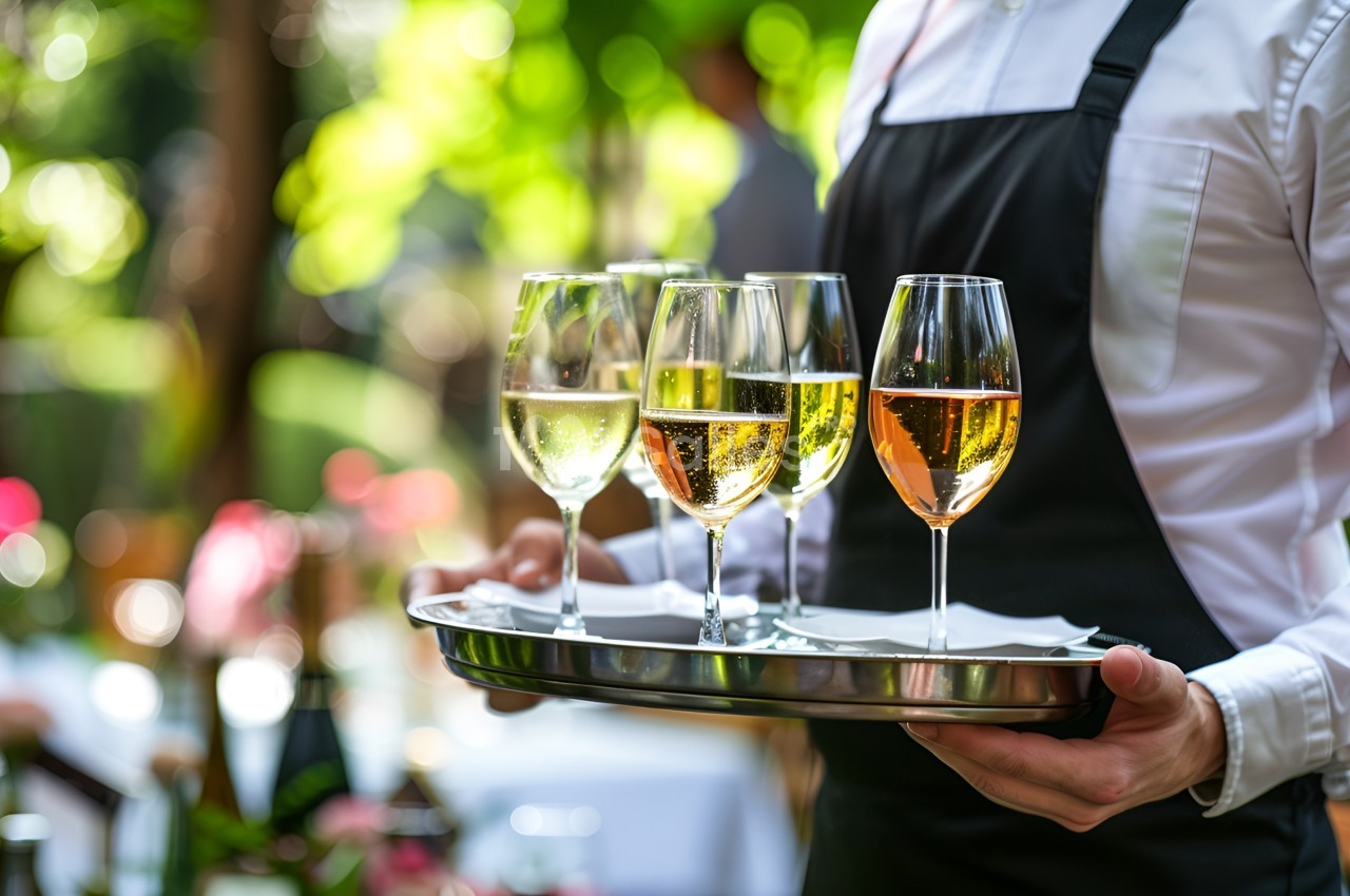 Serveur tenant un plateau avec quatre verres de vin blanc et rosé dans un cadre extérieur lumineux.