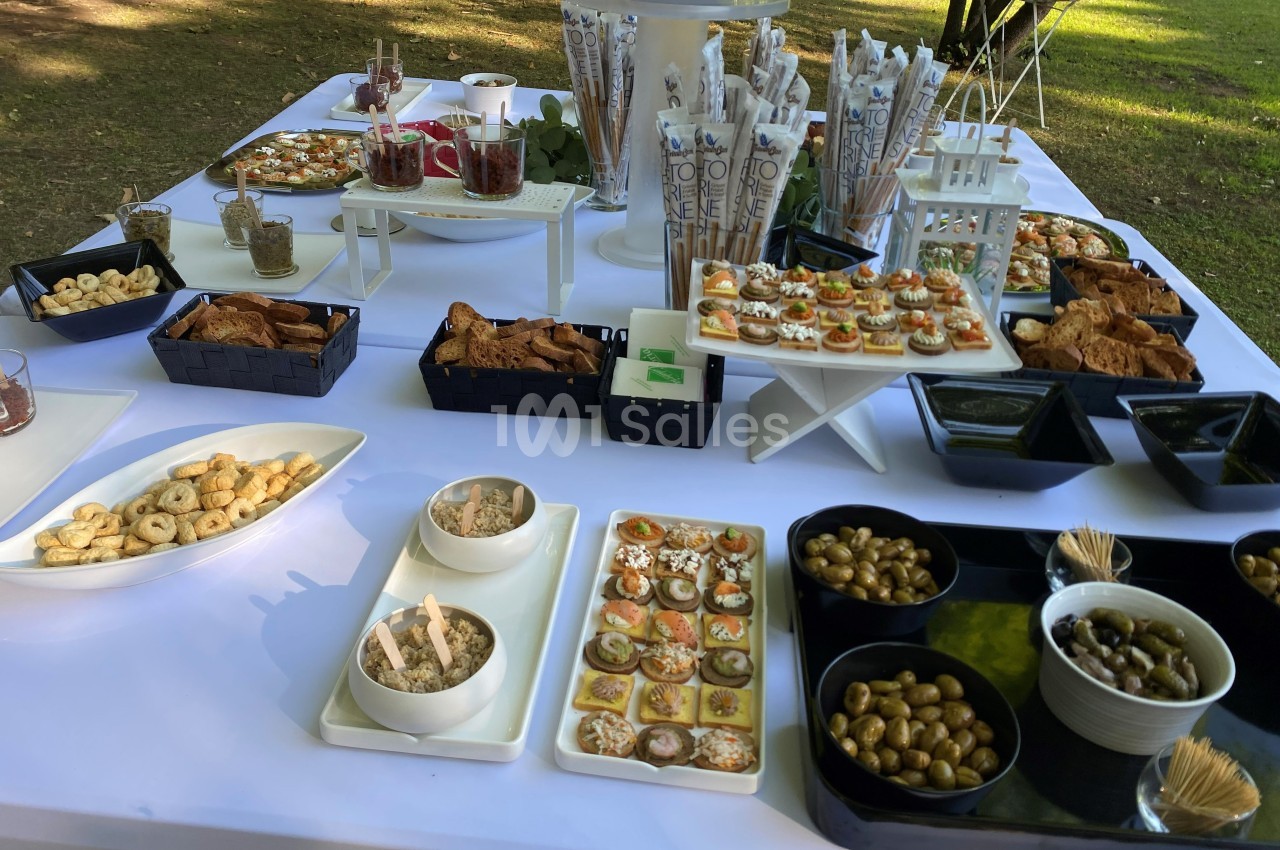 Buffet en plein air avec divers amuse-bouches, olives, biscuits salés et verrines disposés sur une table blanche.