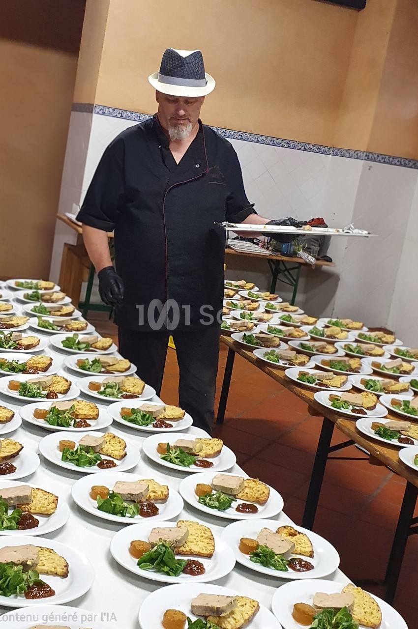 Un chef en tenue noire sert des assiettes dressées avec soin, alignées sur des tables dans une grande salle.
