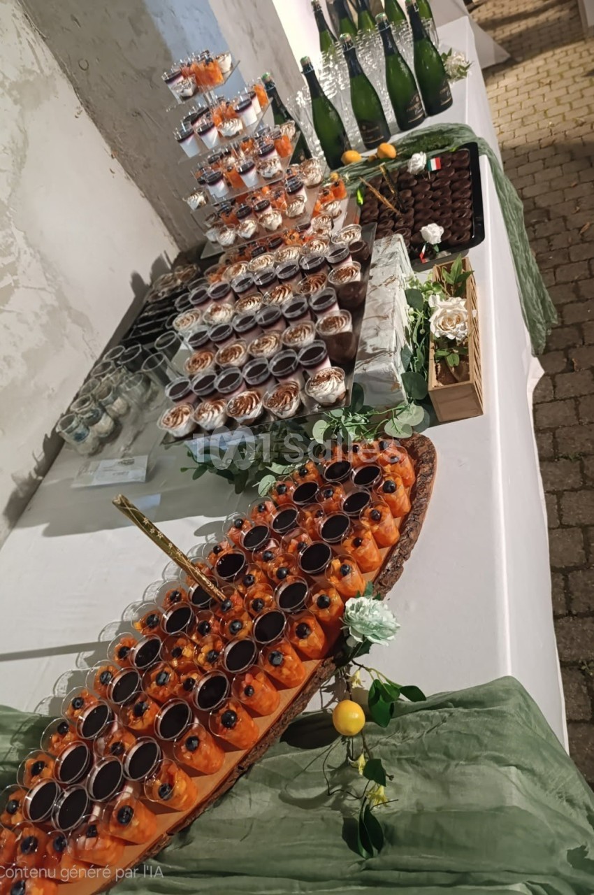 Table de buffet avec verrines sucrées, bouteilles de champagne et décorations végétales sur une nappe blanche.