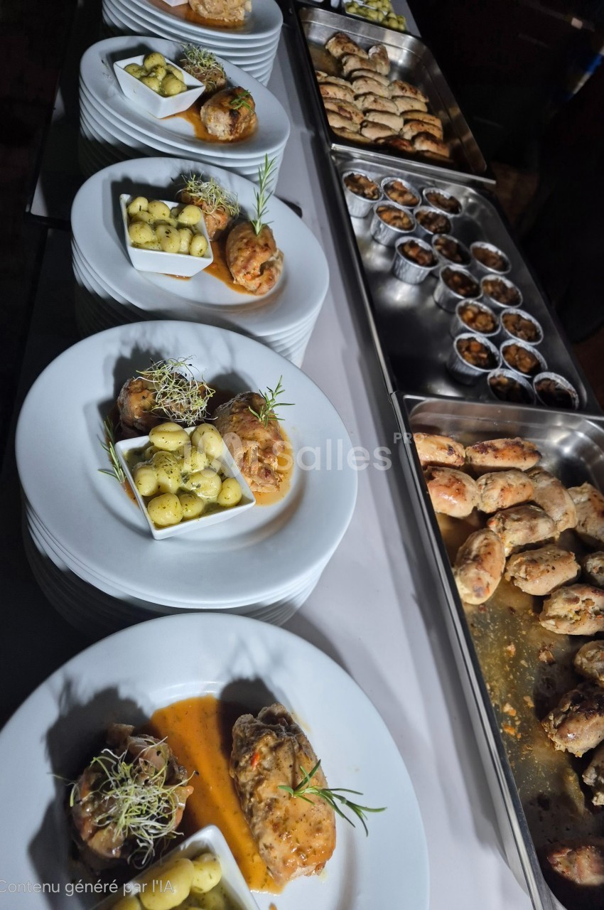 Assiettes de plats servis avec viande, pommes de terre et sauce, disposées sur une table de buffet avec d'autres mets.