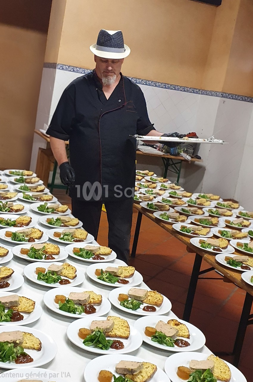 Un chef en tenue noire sert des assiettes dressées avec soin, alignées sur des tables dans une salle de réception.