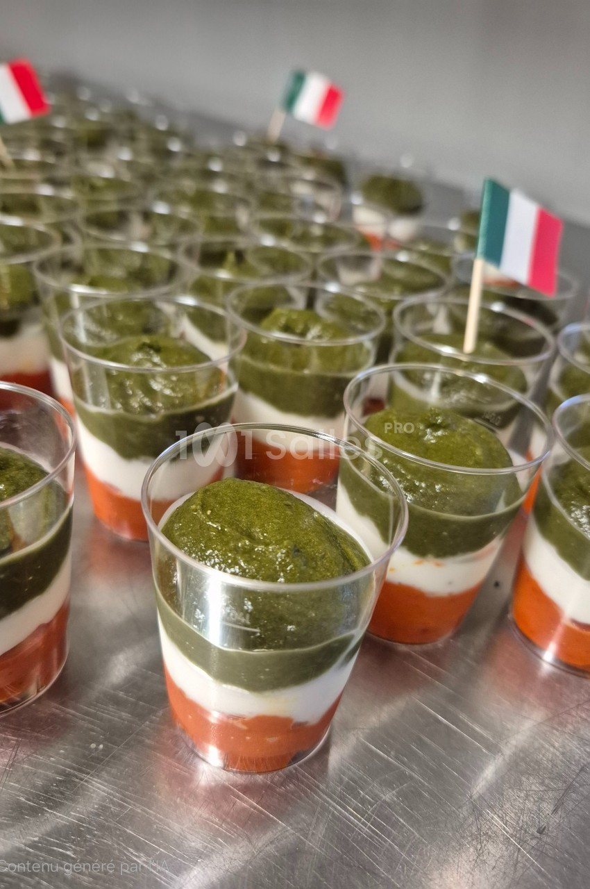 Verrines tricolores composées de couches de tomate, mozzarella et pesto, décorées de petits drapeaux italiens.
