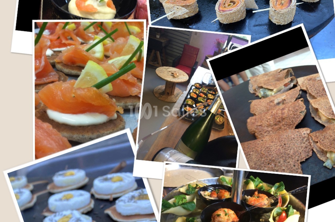Assortiment de plats et amuse-bouches variés, incluant saumon, galettes, verrines et bouchées apéritives.