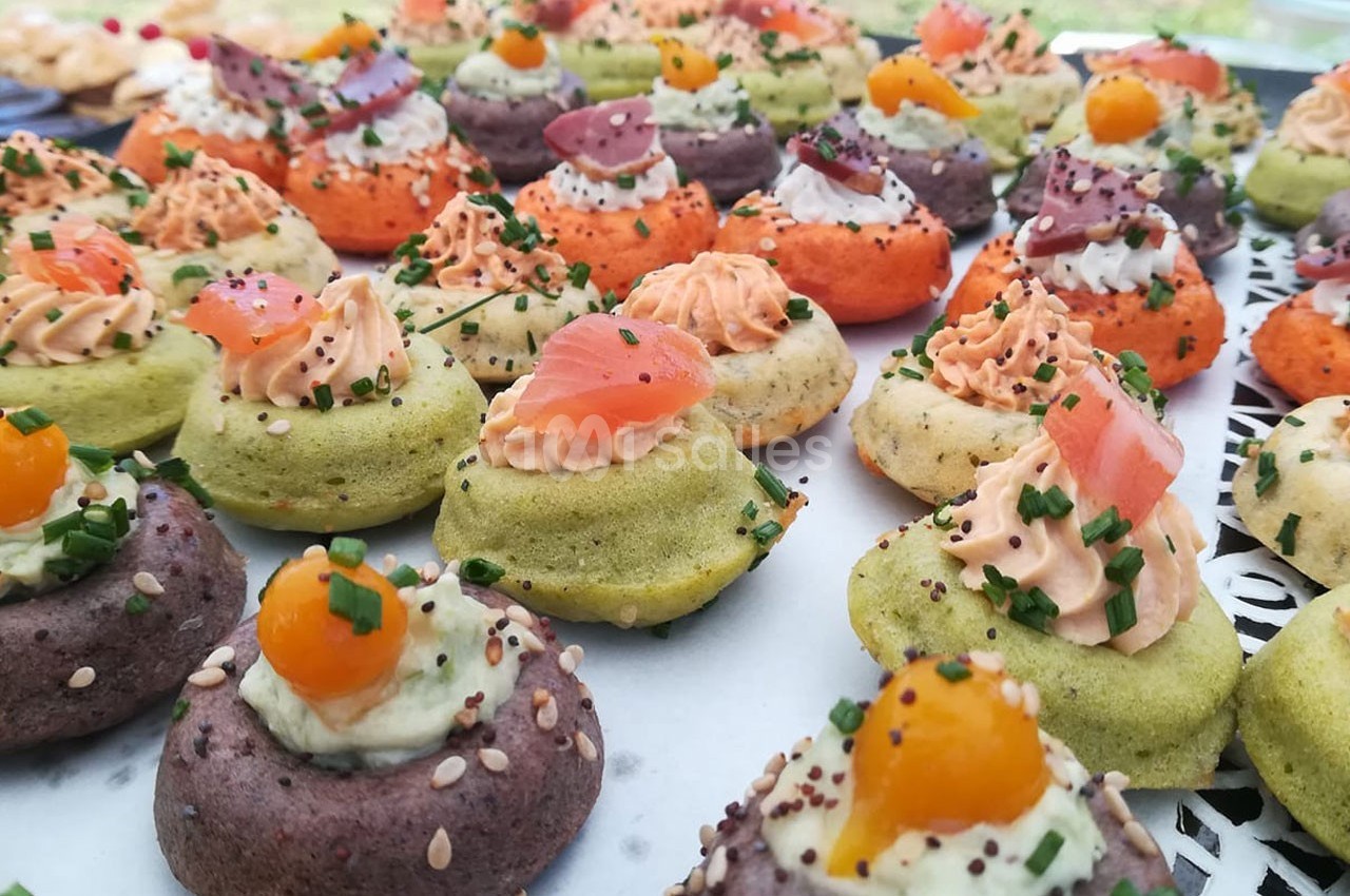 Assortiment de bouchées colorées garnies de crème, saumon, tomates cerises et ciboulette sur un plateau.