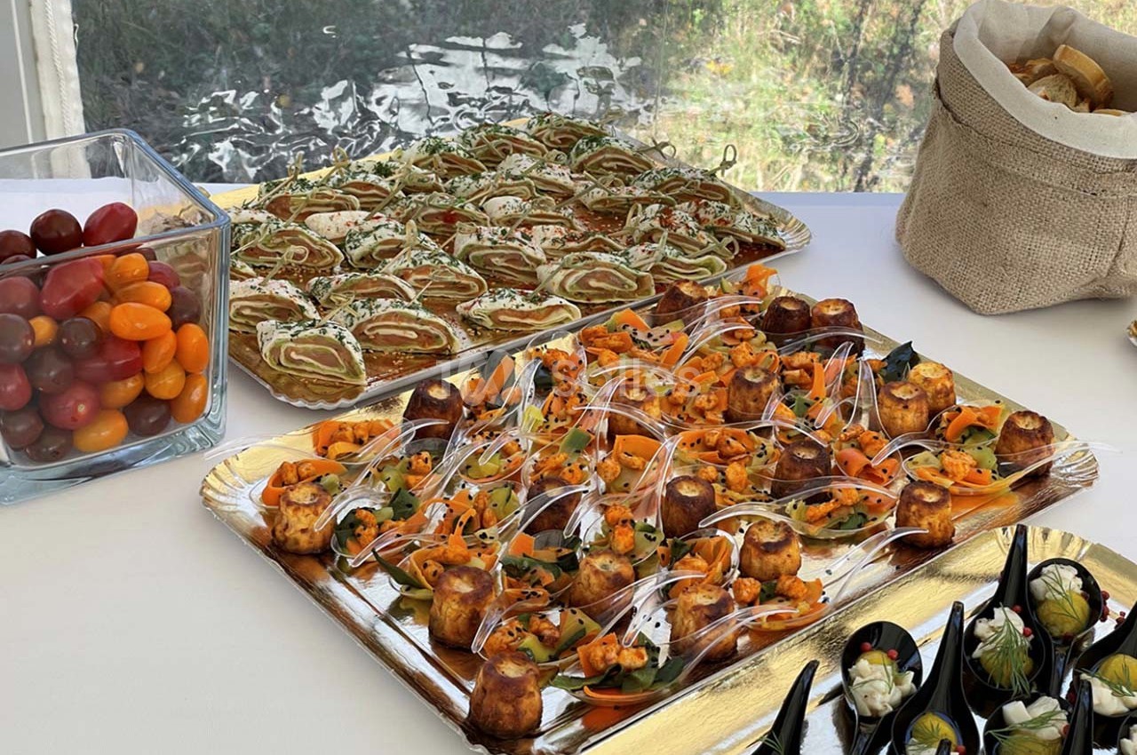 Plateaux de bouchées apéritives variées avec légumes, roulés garnis et tomates cerises en accompagnement.