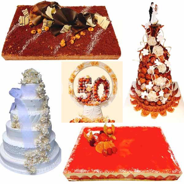 Quatre gâteaux de fête variés, dont un pour un mariage, un pour un anniversaire de 50 ans et deux desserts décorés.