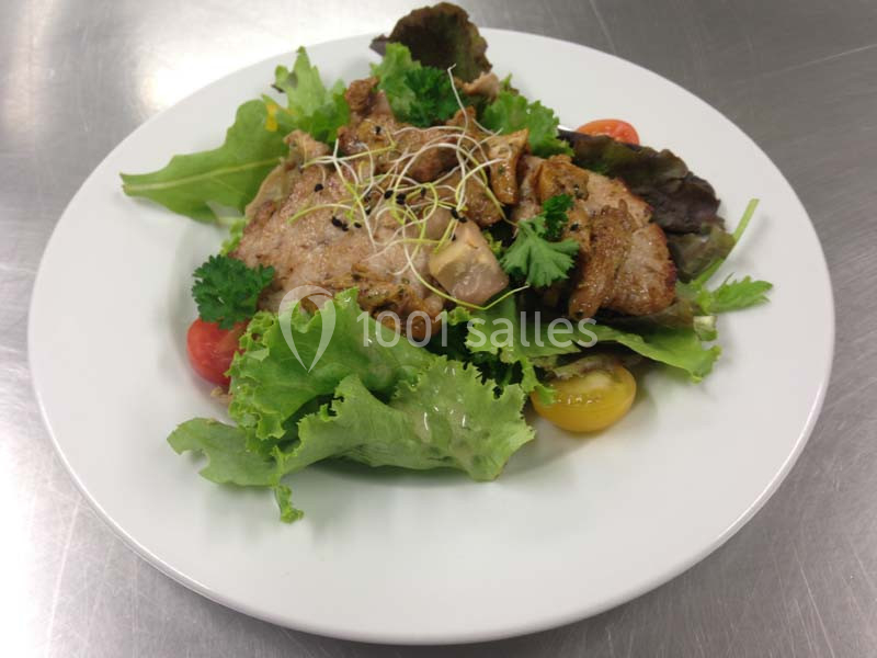 Assiette de salade verte garnie de morceaux de viande, tomates cerises et pousses germées, sur une table en inox.