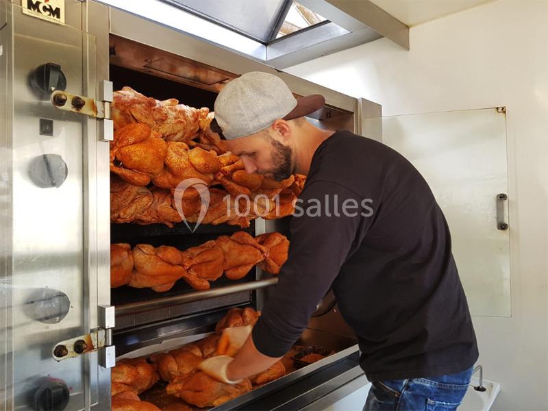 Homme manipulant des poulets rôtis sur des broches dans un four professionnel.