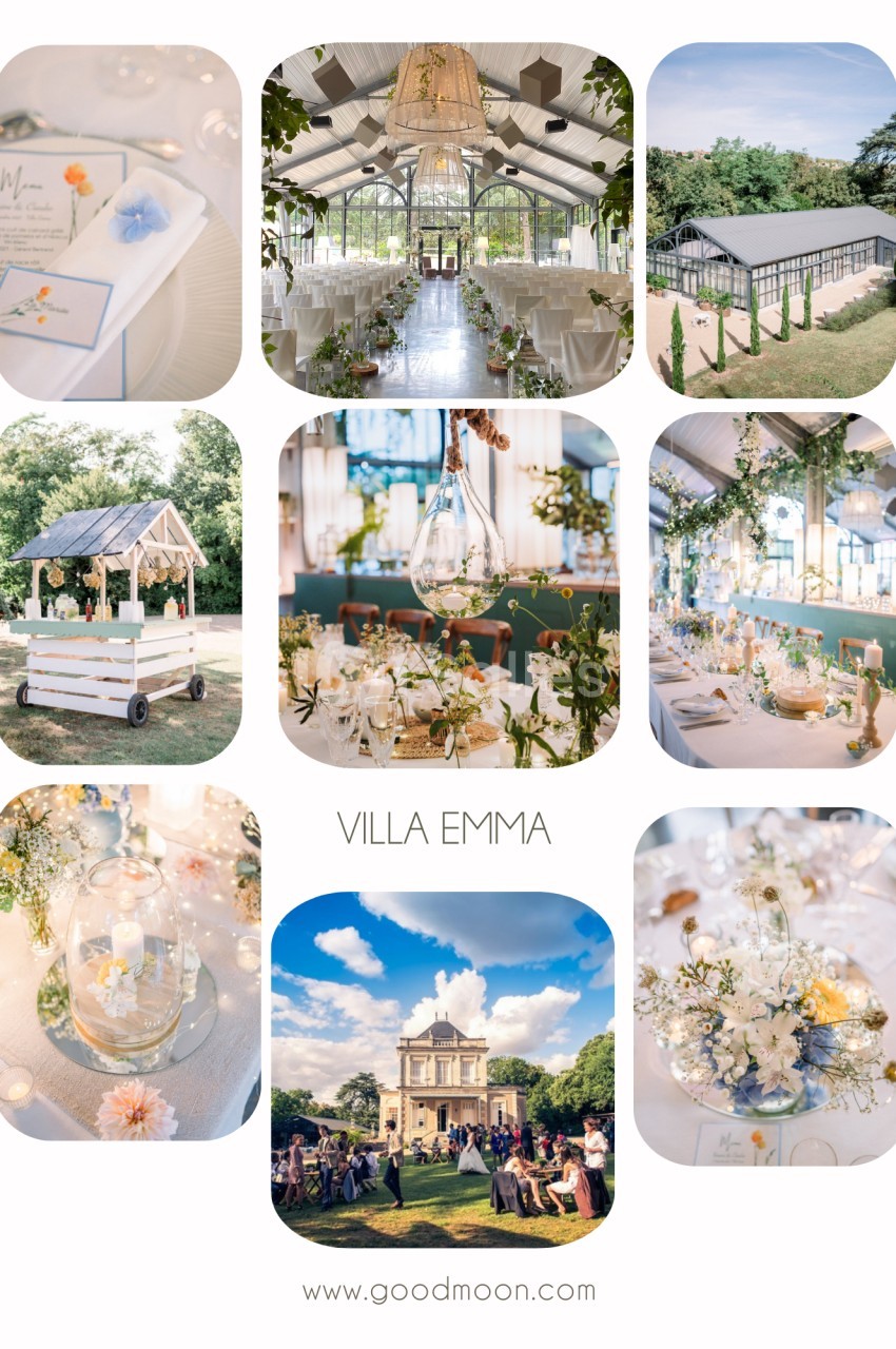 Mosaïque de photos illustrant une décoration de mariage élégante dans un lieu champêtre et lumineux.