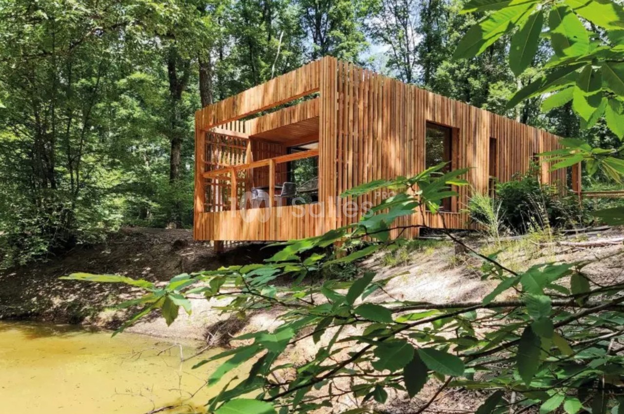Cabane en bois moderne entourée de forêt, située près d'un petit plan d'eau.