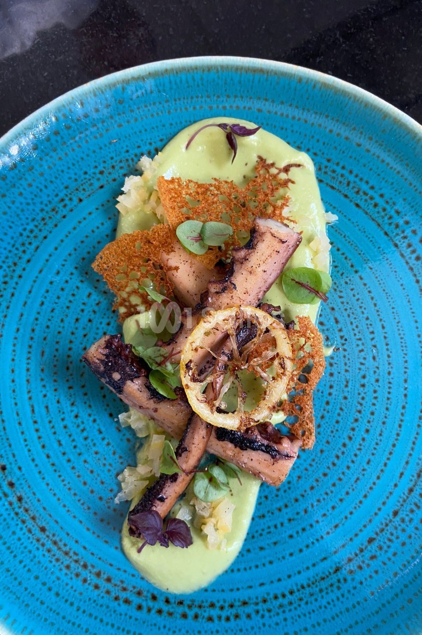 Assiette de poulpe grillé avec citron, purée verte, chips croustillantes et herbes fraîches, servie sur une assiette bleue.