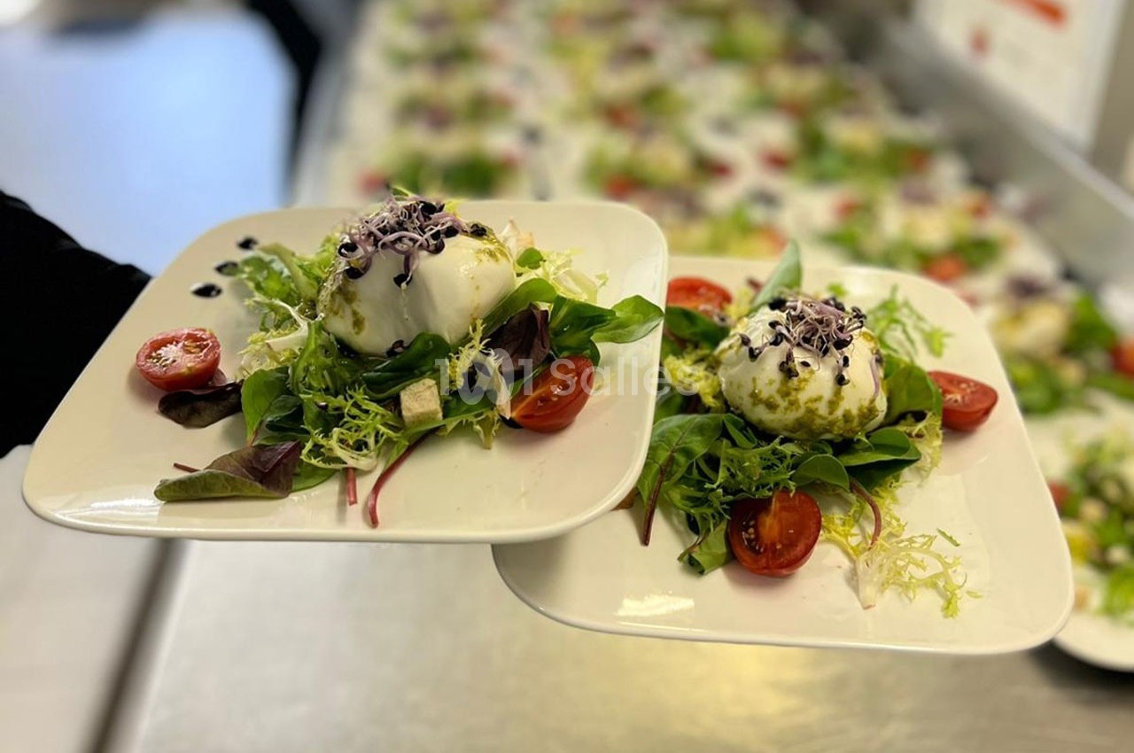Assiettes de burrata servies sur un lit de salade verte avec tomates cerises et garniture d'herbes fraîches.