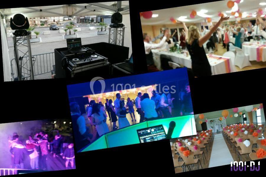 Montage d'images montrant des équipements de DJ, des invités dansant et des salles décorées pour des événements festifs.
