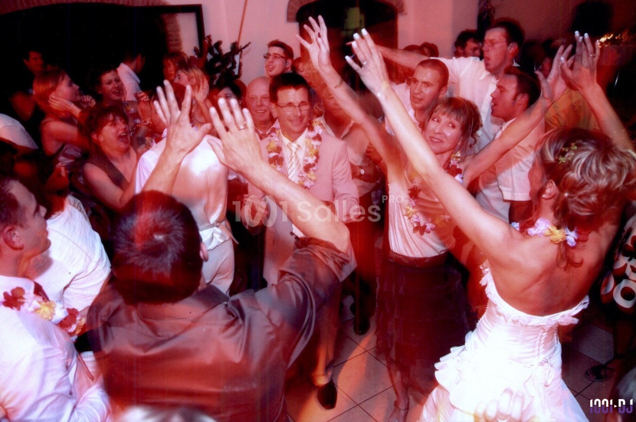Groupe de personnes dansant et célébrant dans une ambiance festive avec des décorations tropicales.