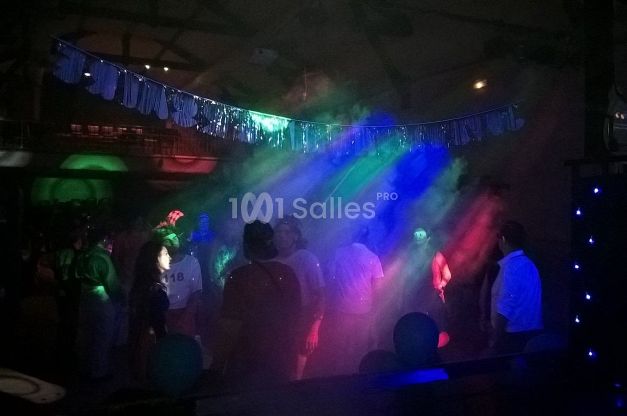 Des personnes dansent sous des lumières colorées et des effets de fumée dans une ambiance festive en intérieur.