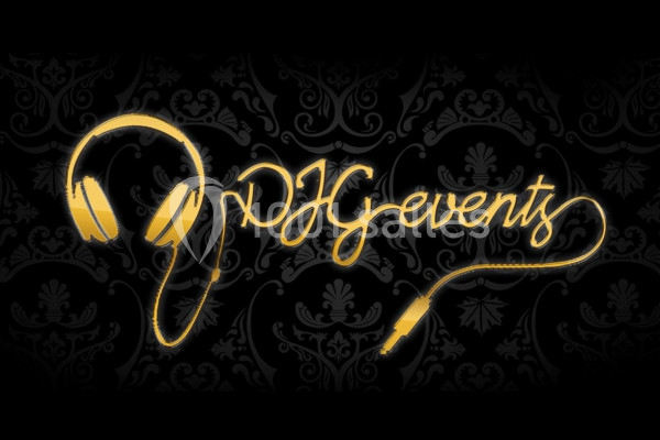 Texte alternatif : Logo doré avec un casque audio stylisé formant le mot ’DJG events’ sur un fond noir à motifs.