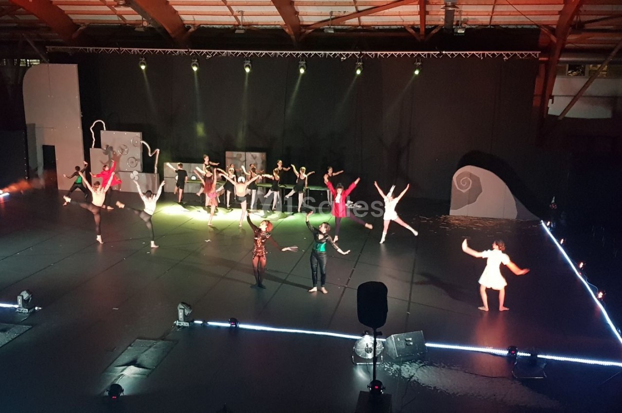 Des danseurs en costume exécutent une chorégraphie sur une scène éclairée dans une salle de spectacle.