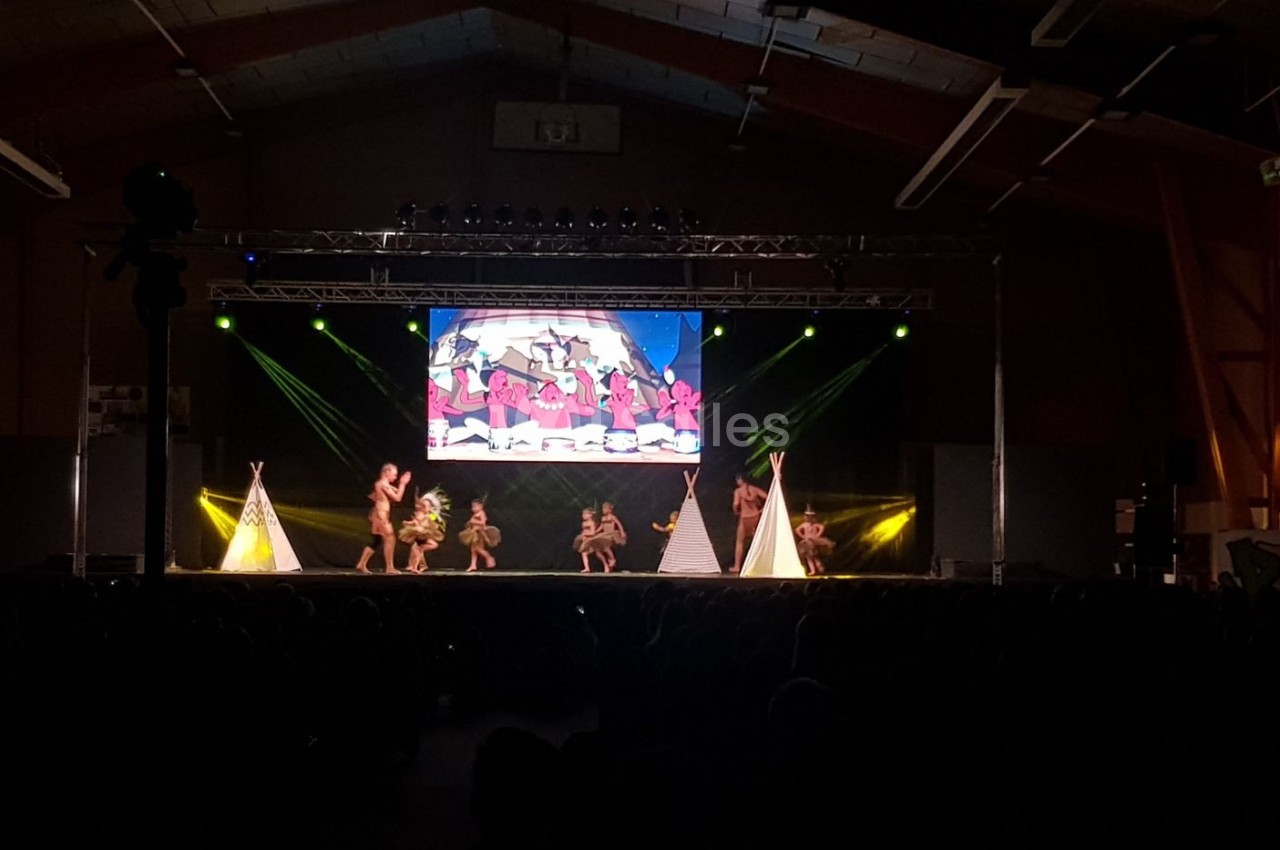 Spectacle sur scène avec danseurs, décorations en forme de tipis et projection d'images colorées en arrière-plan.