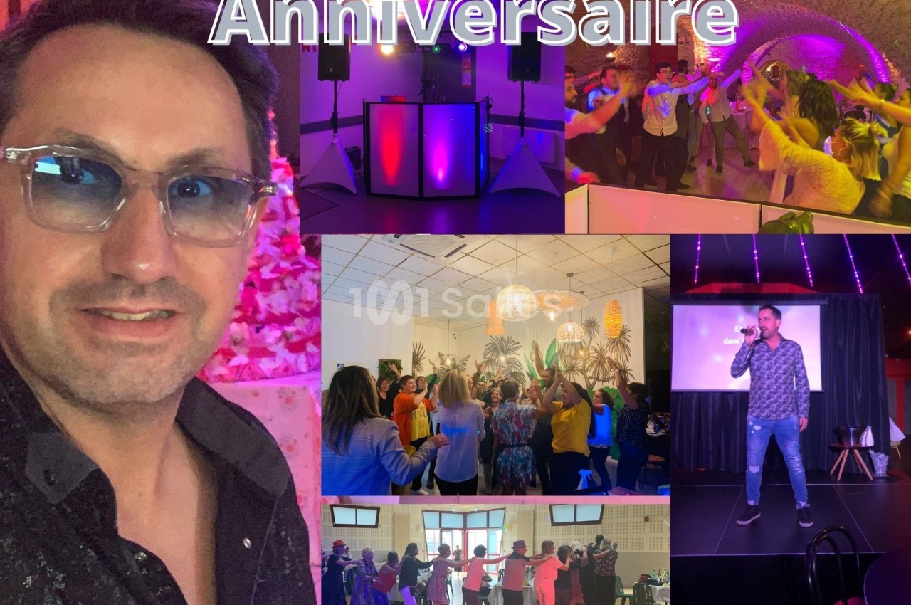 Montage photo d'une fête d'anniversaire avec danseurs, chanteur sur scène, DJ et ambiance festive.