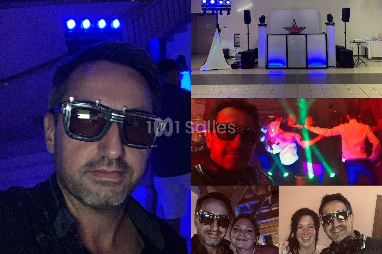 Montage photo d'une soirée de mariage avec un DJ, des invités dansant et des portraits festifs.