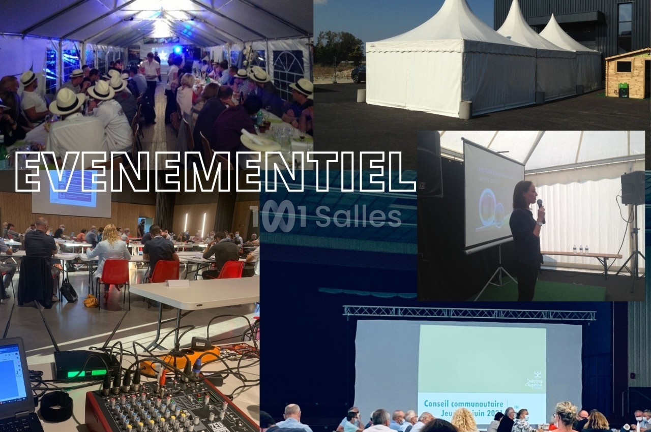 Montage d'images montrant des événements professionnels sous chapiteaux, avec conférences, tables et équipements audio.