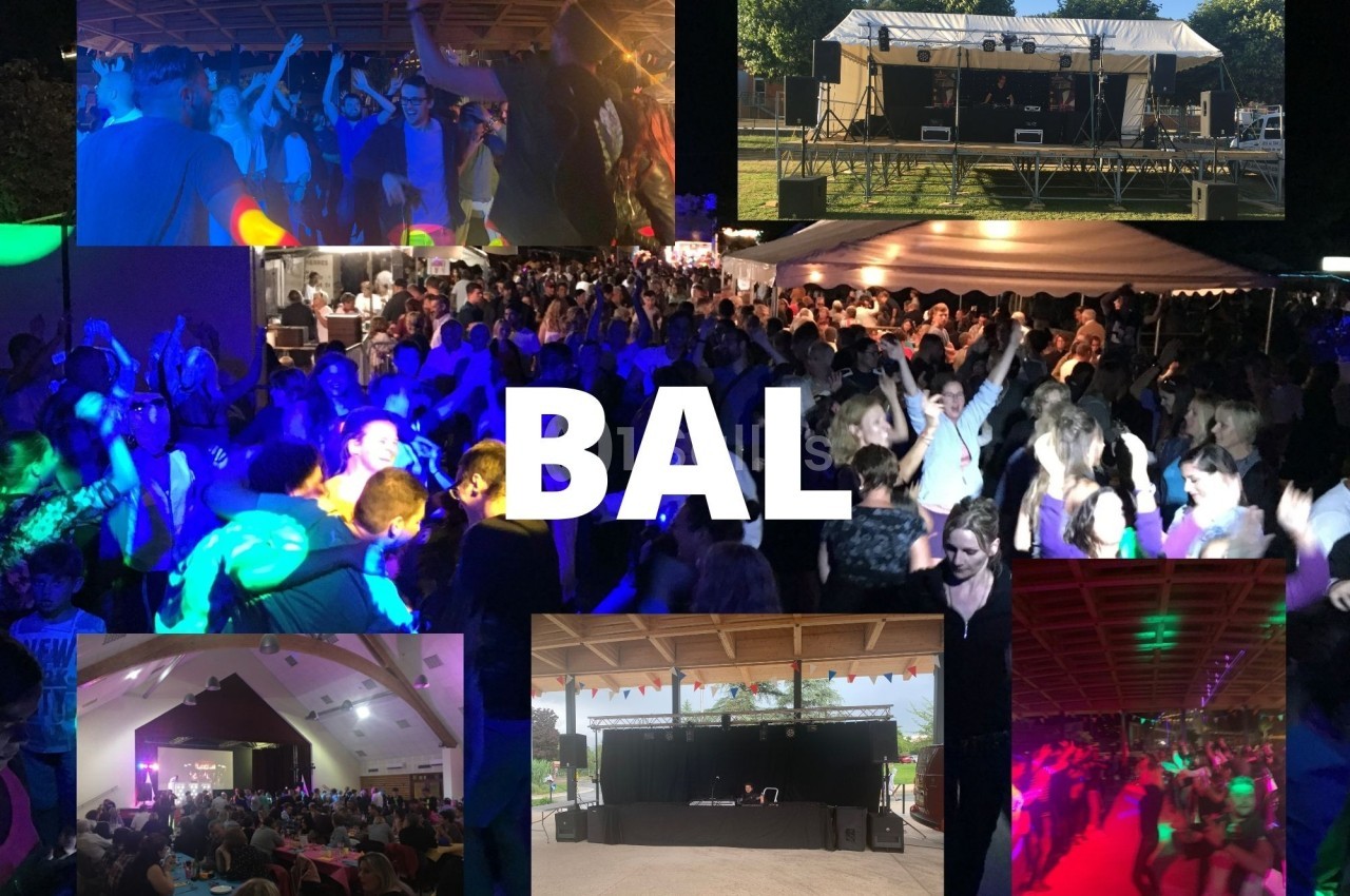 Personnes dansant lors d'un bal en plein air avec éclairages colorés, scène musicale et ambiance festive.