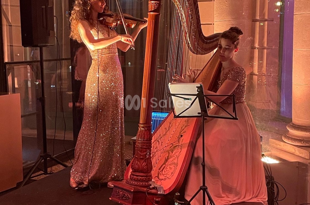 Une violoniste et une harpiste en robe de soirée jouent de la musique dans un cadre élégant et éclairé.