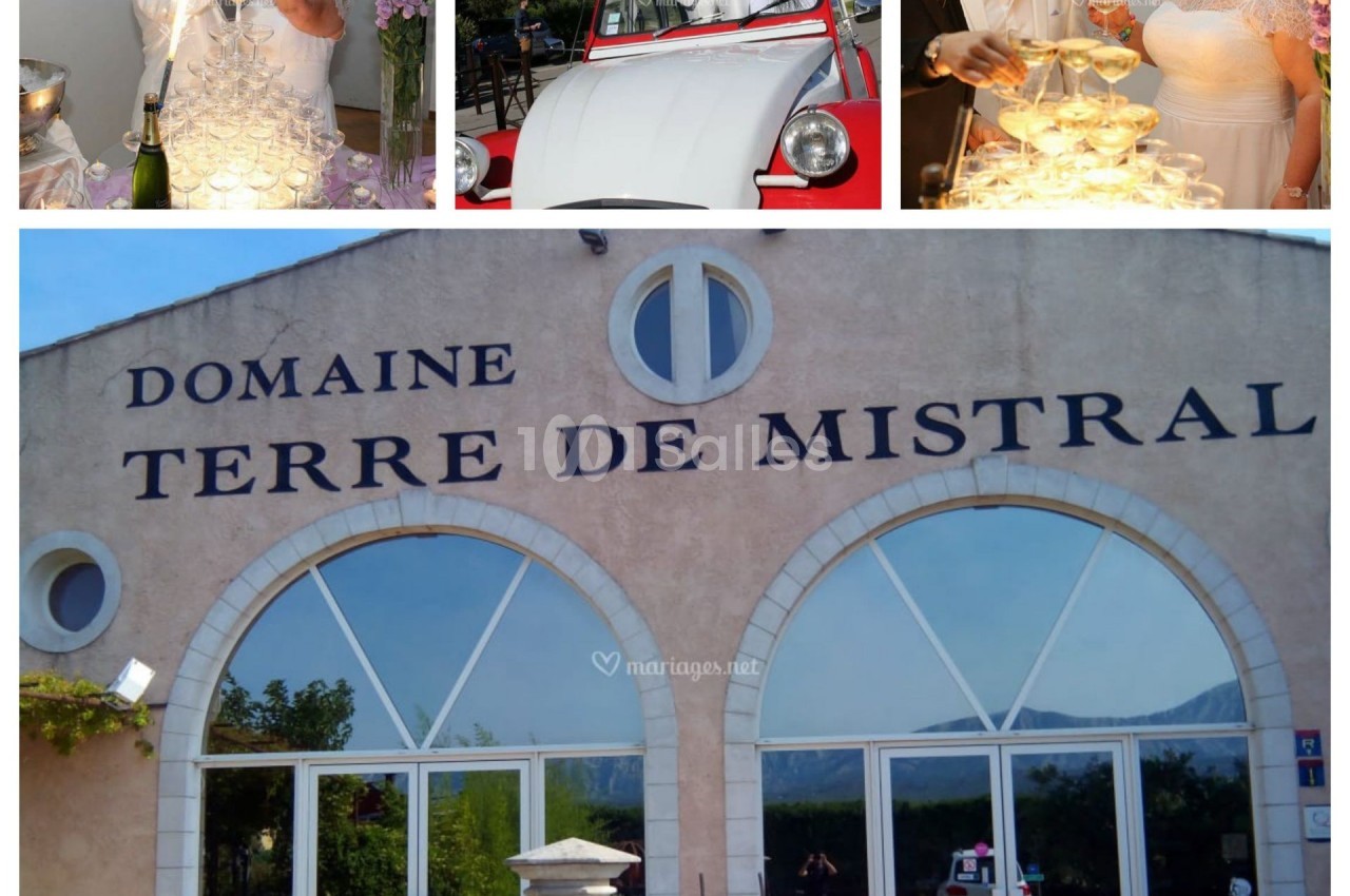 Montage de photos de mariage avec une mariée, une voiture ancienne rouge et le domaine Terre de Mistral en arrière-plan.