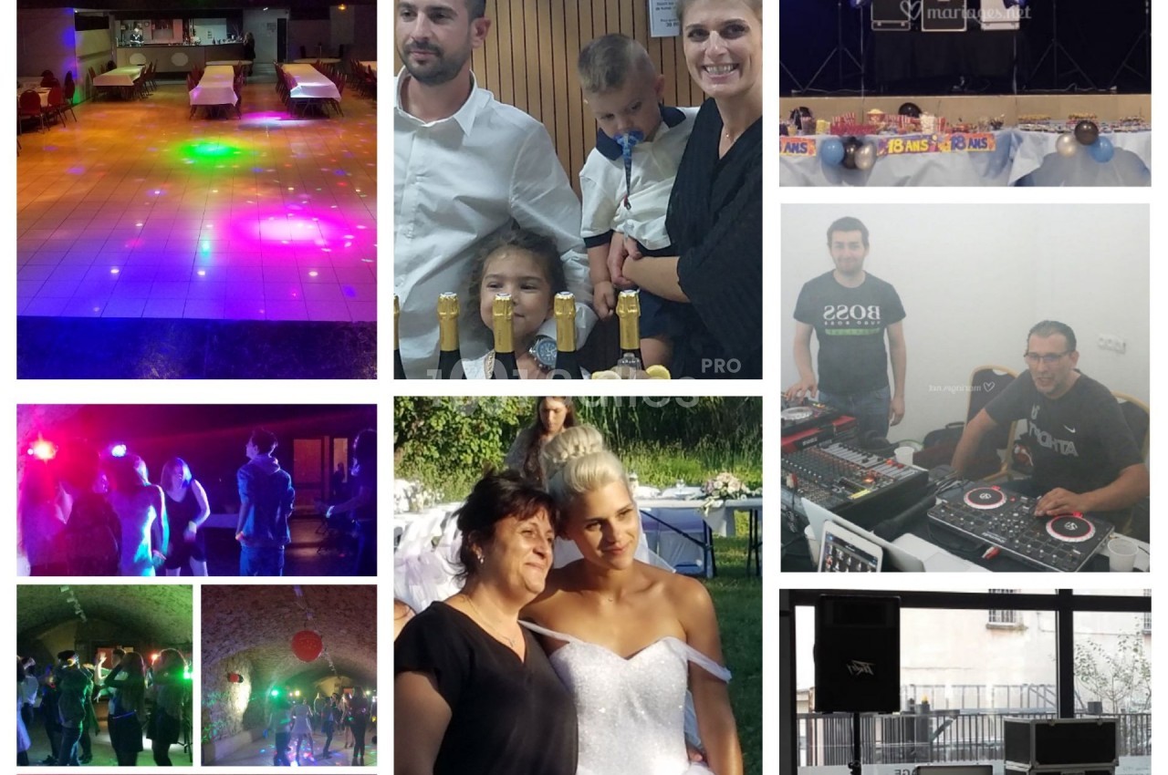 Montage photo d'une fête avec piste de danse éclairée, DJ, invités et moments festifs, incluant une mariée en robe blanche.