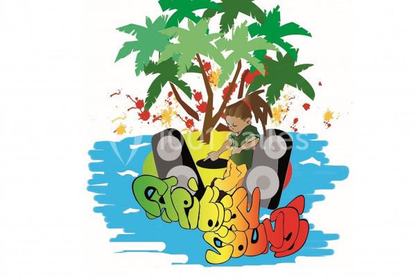 Illustration d'une personne mixant de la musique devant des haut-parleurs, avec des palmiers et un décor tropical en arrière…