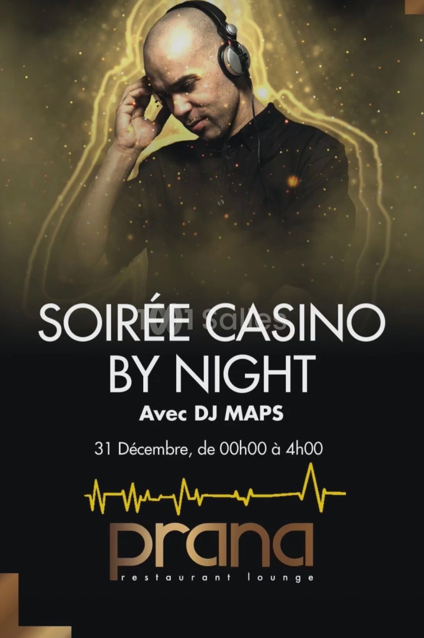 Homme avec casque audio devant un fond sombre, promotion d'une soirée casino avec DJ le 31 décembre au restaurant Prana.