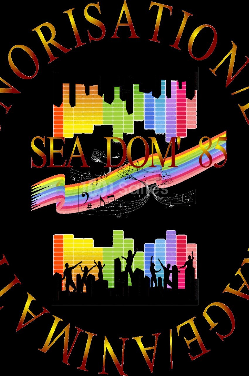Logo circulaire avec silhouettes de personnes dansantes, barres colorées et texte ’SEA DOM 85’ entouré de mentions d…