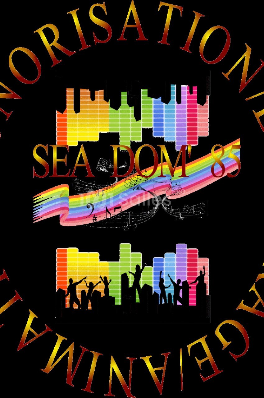 Logo circulaire avec silhouettes de personnes dansantes, barres colorées et texte ’SEA DOM 85’ entouré de mentions d…