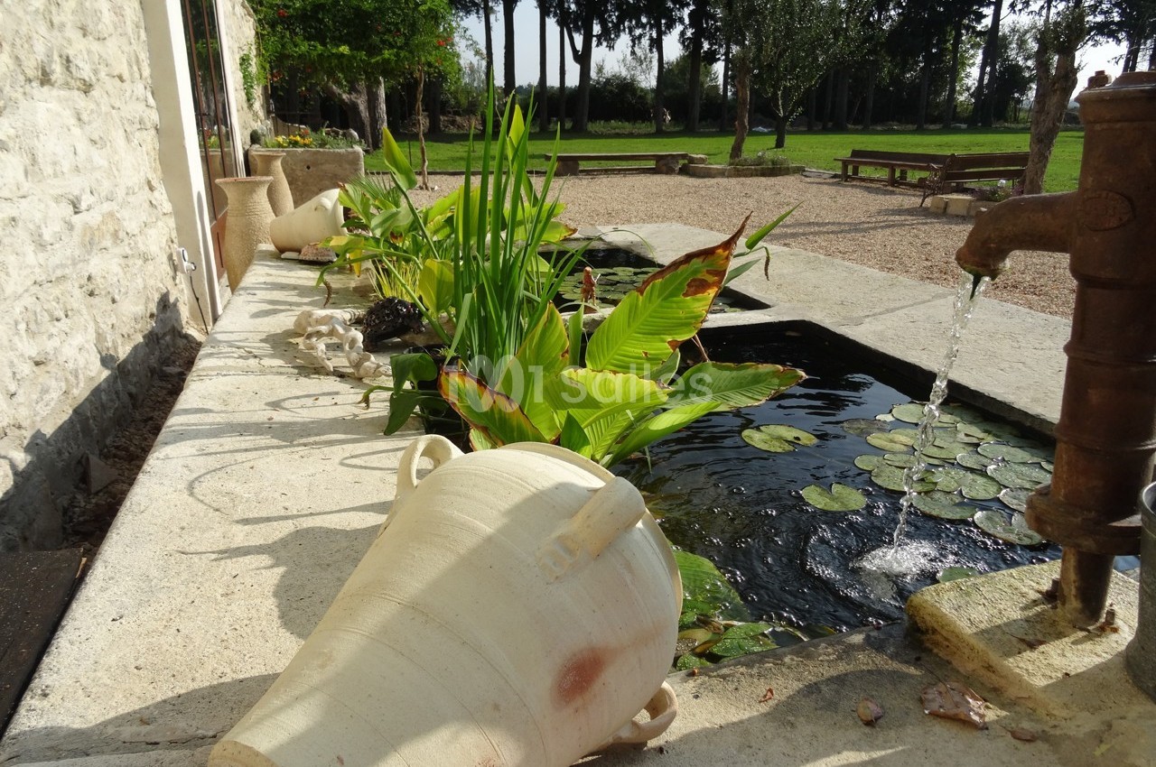 Fontaine ancienne avec pompe à eau, bassin orné de nénuphars et plantes, entouré de pots en terre cuite et jardin verdoyant.