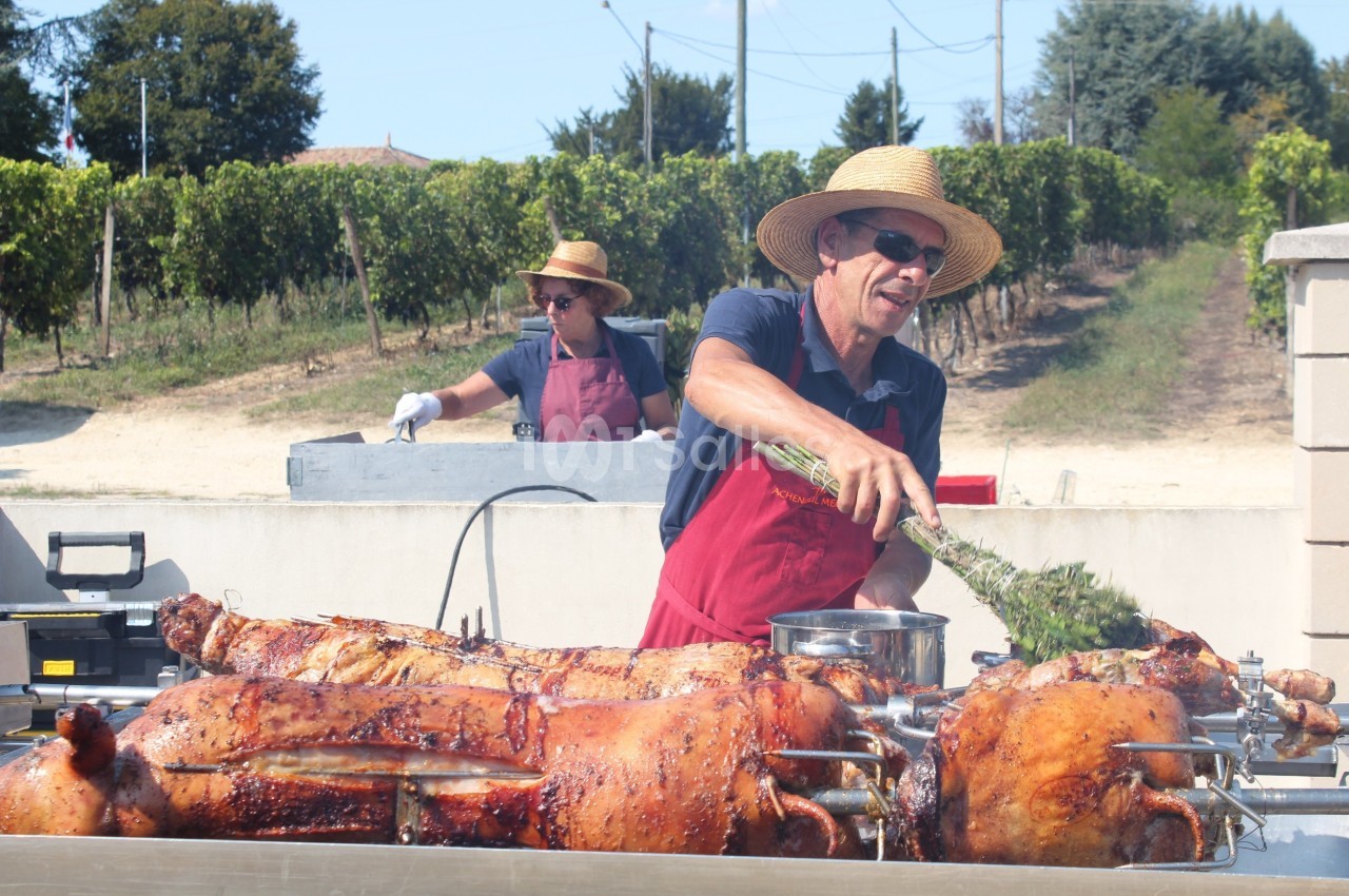 Deux cuisiniers en tablier et chapeau préparent des porcs rôtis sur des broches en extérieur, près de vignes.