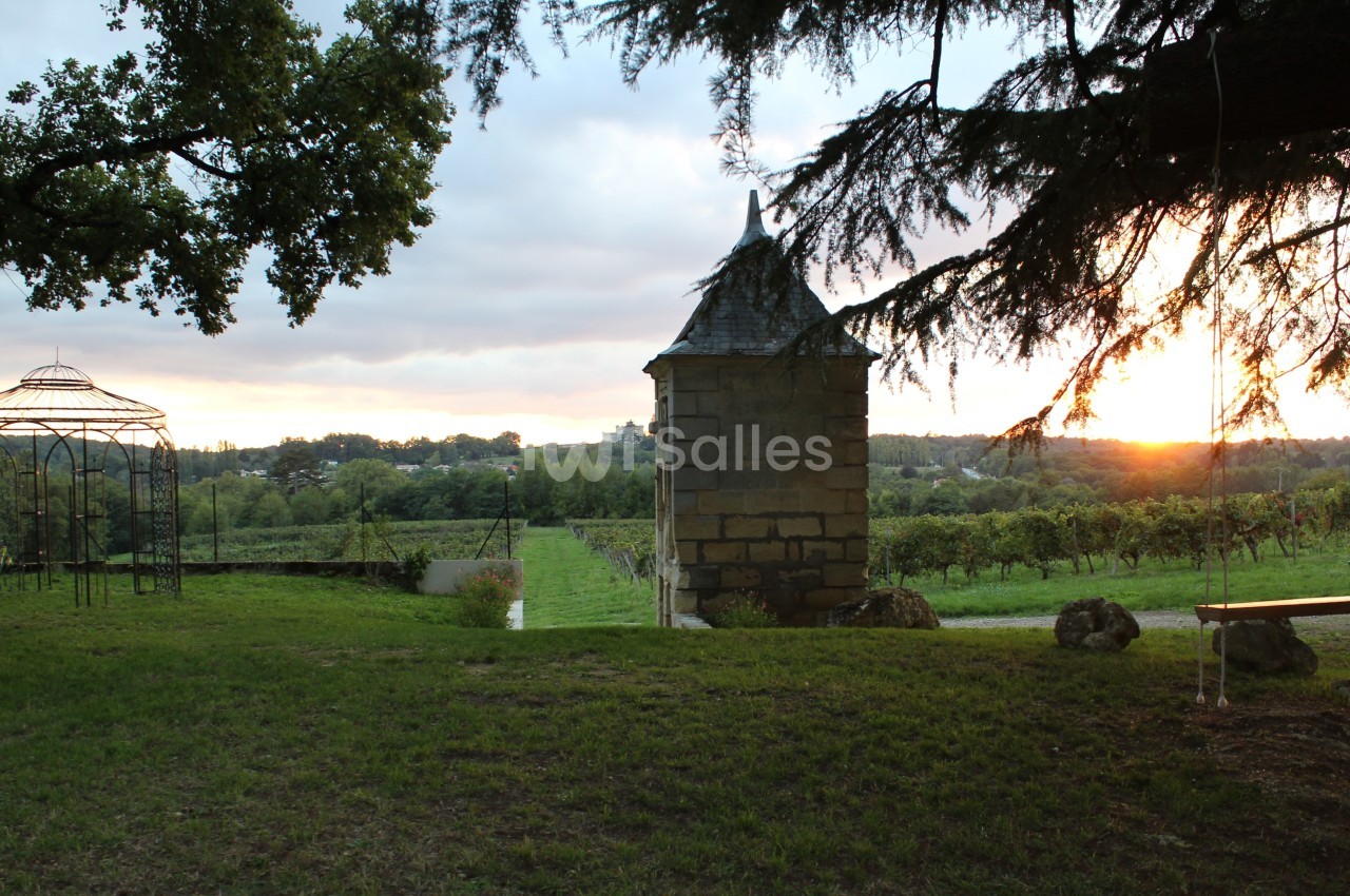 Paysage de vignoble au coucher du soleil avec une petite tour en pierre et une pergola métallique sur la gauche.