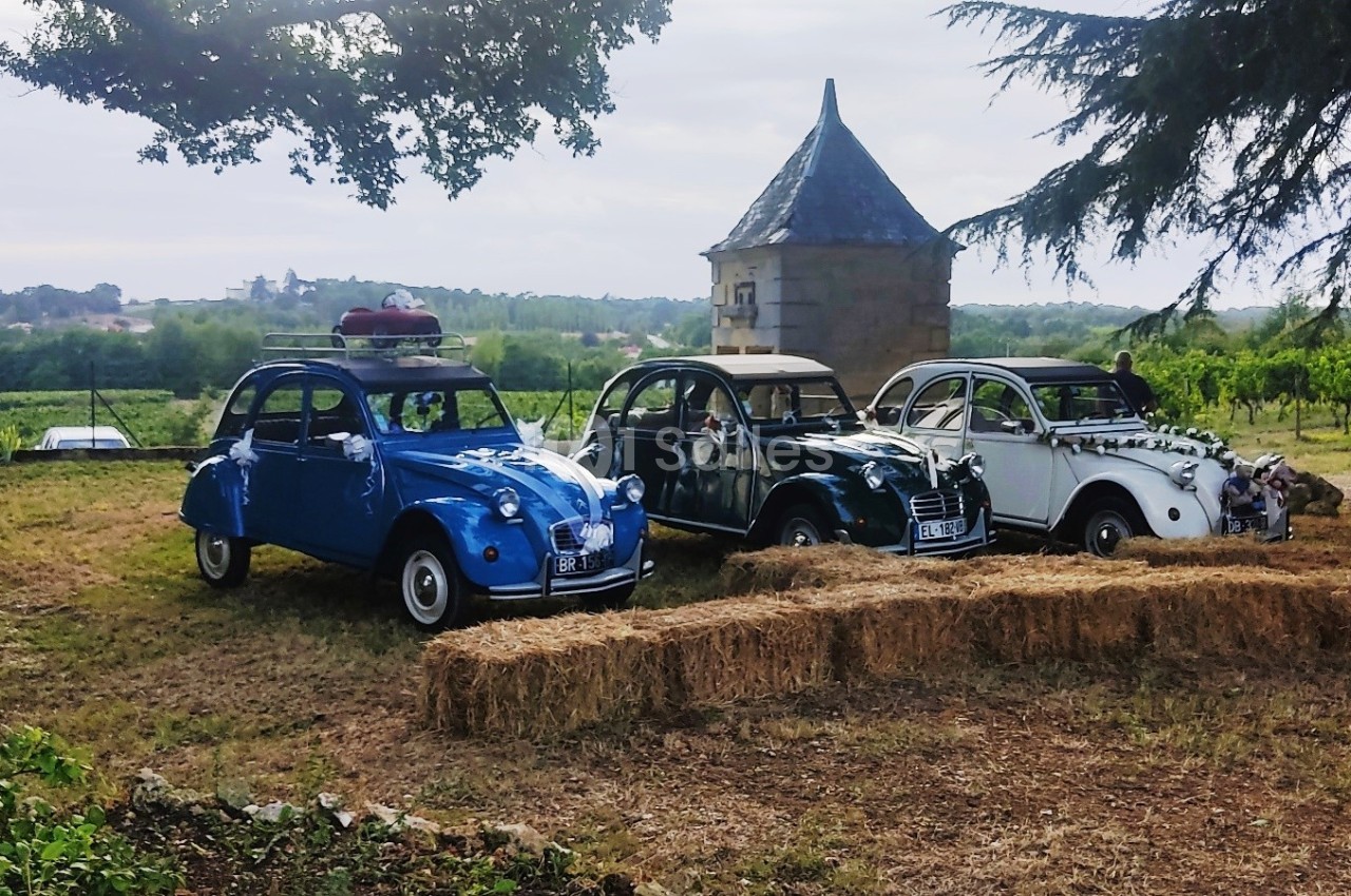 Trois voitures anciennes garées sur un terrain herbeux près de bottes de paille, avec un vignoble et une tour en arrière…