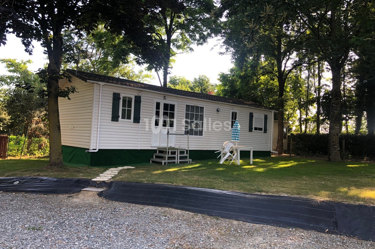 Mobil-home blanc avec terrasse en bois, entouré d'arbres et situé sur une parcelle avec pelouse et allée en gravier.