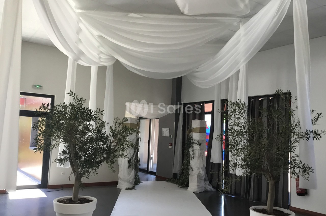 Salle décorée pour un événement avec drapés blancs suspendus, tapis blanc au sol et plantes en pots.