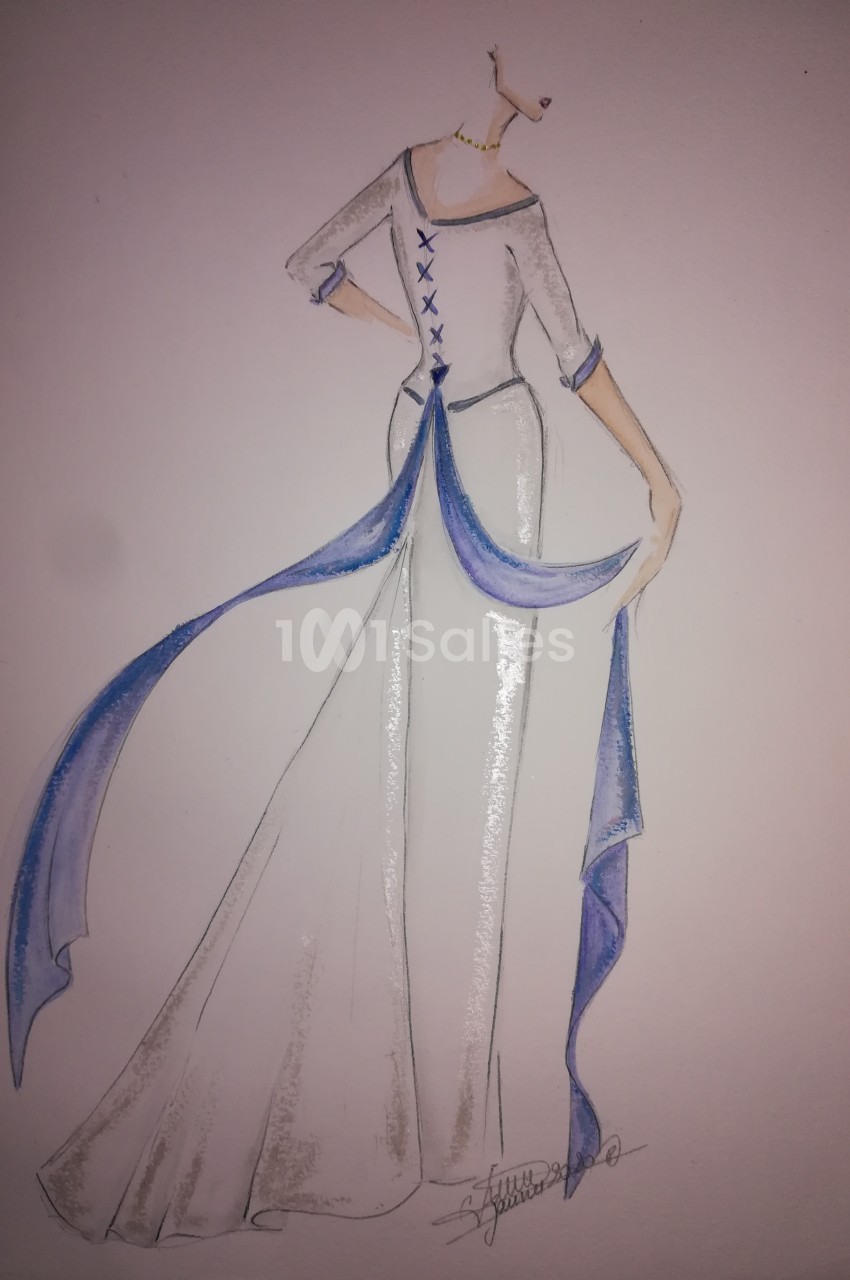 Illustration d'une robe blanche élégante avec des rubans bleus et un laçage dans le dos, vue de dos.