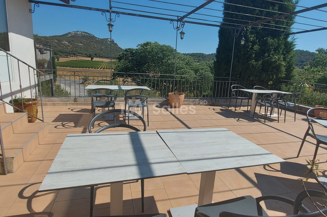 Terrasse ensoleillée avec tables et chaises, entourée de verdure et offrant une vue sur des collines et des vignes.