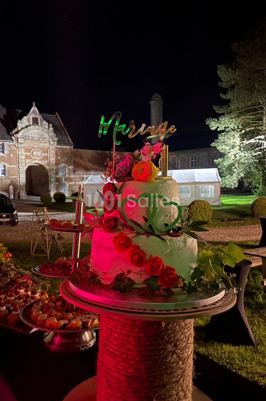 Gâteau de mariage décoré de roses rouges et blanches, posé sur une table en extérieur devant un bâtiment éclairé la nuit.