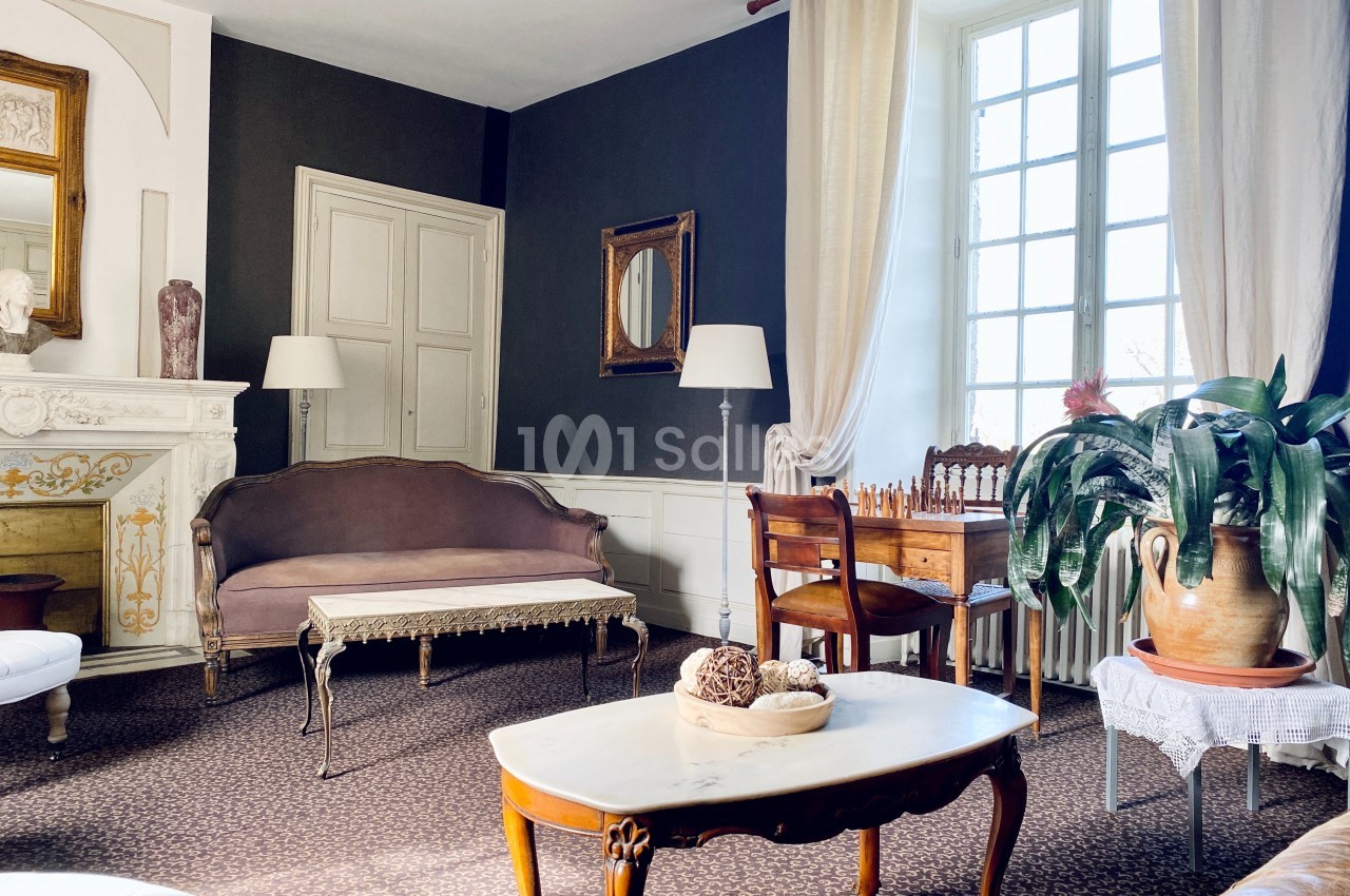 Salon lumineux avec canapé, table basse, cheminée décorative, plantes et mobilier ancien près d'une grande fenêtre.