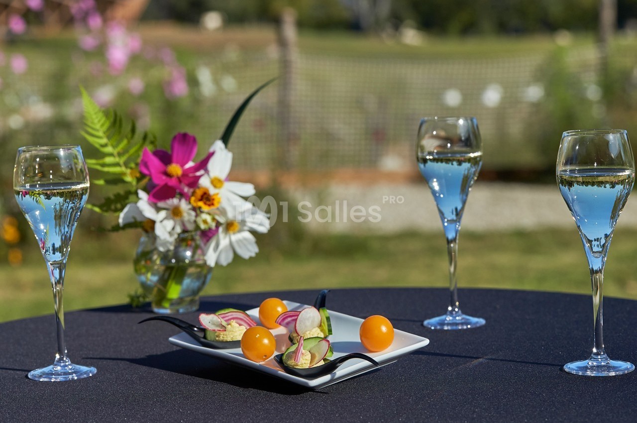 Trois verres de vin blanc et une assiette de bouchées colorées sur une table noire en extérieur, avec fleurs en arrière-plan.