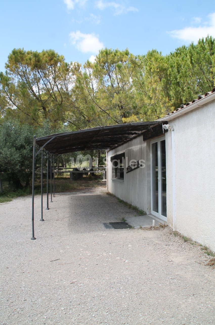 Entrée d'un bâtiment avec auvent métallique, entouré d'arbres et d'un chemin en gravier.