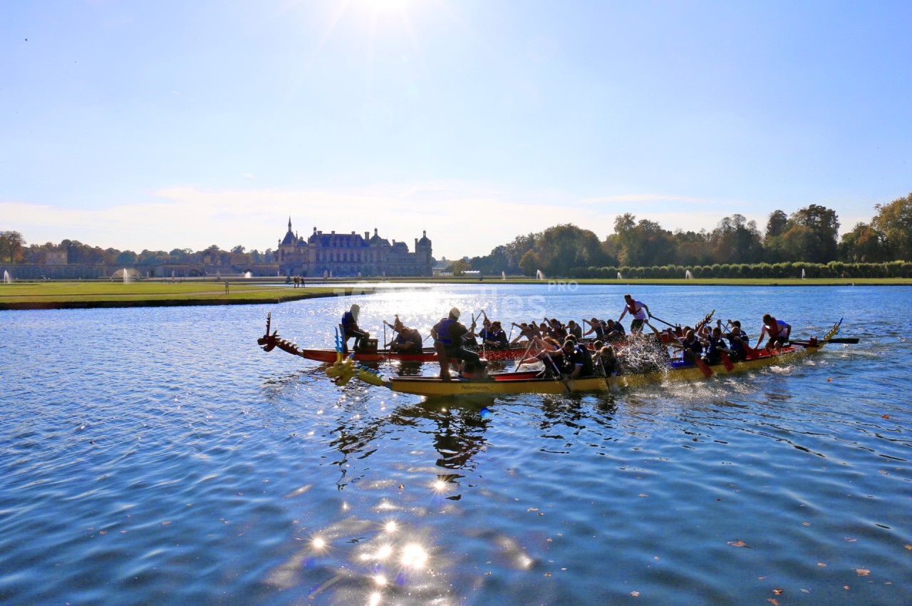 Des équipes rament sur des bateaux-dragons dans un plan d'eau, avec un château et un ciel dégagé en arrière-plan.