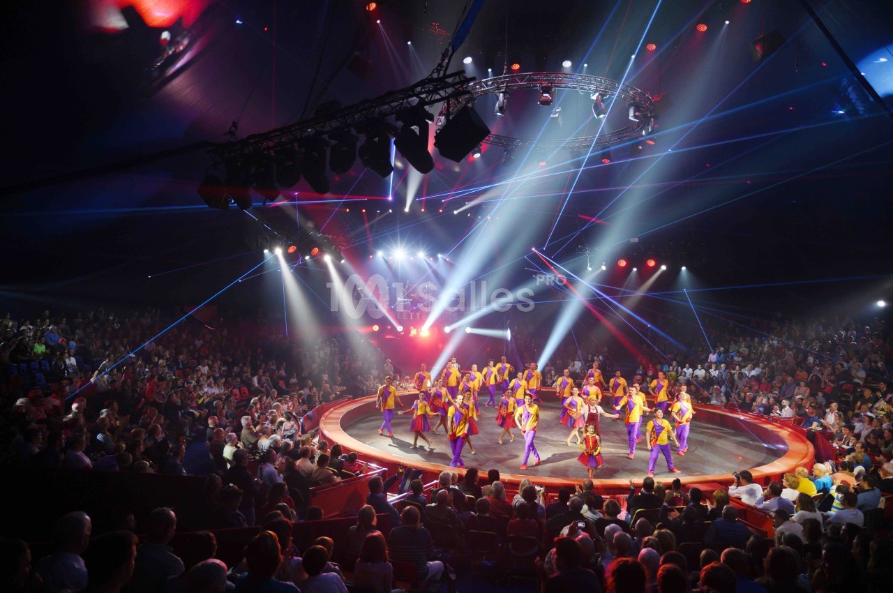 Spectacle de cirque avec des artistes en costume coloré sur une piste ronde, entourés d'un public et d'effets lumineux.