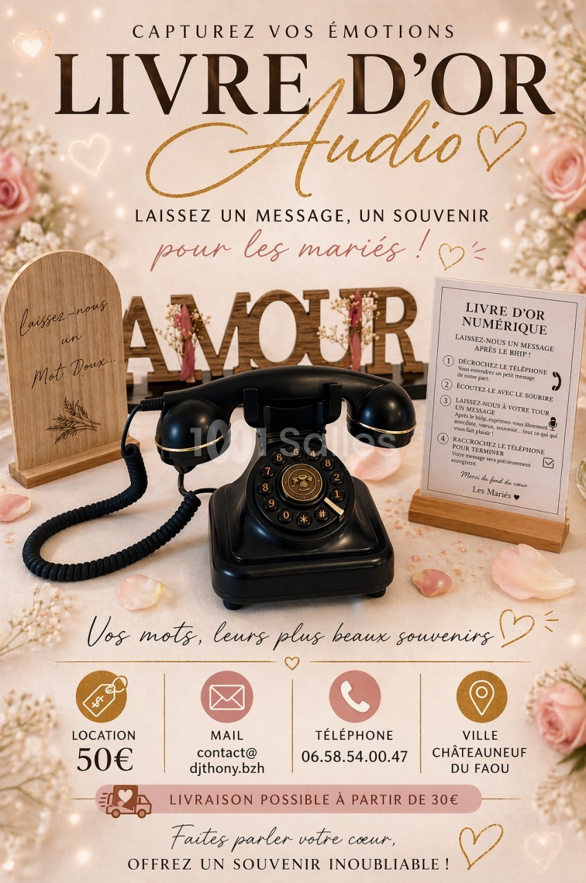 Téléphone rétro noir entouré de panneaux en bois pour messages audio et numériques, décoré d'éléments romantiques.